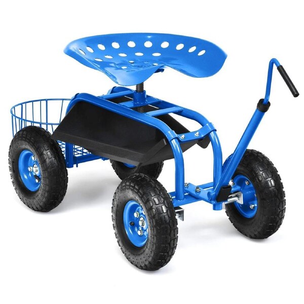 Costway Steerable Garden Cart w/Extendable Handle Adjustable Seat & 4 Rubber Wheels Yard Rolling Stool Seat Blue