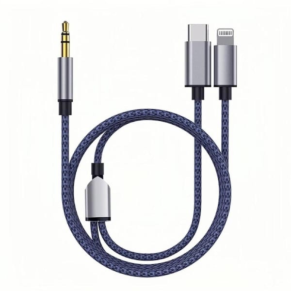 2in1 Aux Cable USB C & Lightning to 3.5mm Jack Audio Adapter Compatible with iPhone iPad Samsung Google Xiaomi Huawei - Blue