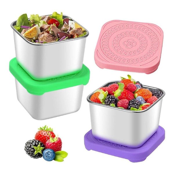 3pcs 6oz Stainless Steel Snack Containers, Snack Container With Silicone Lids, Leakproof 304 Steel