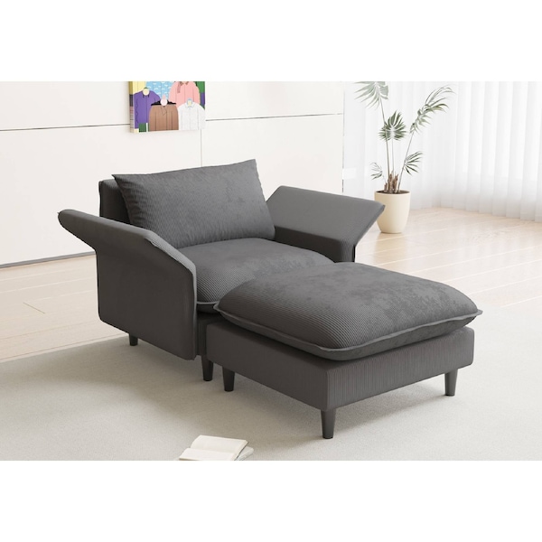 Advwin 90cm Accent Chair with Ottoman Corduroy Lounge Chair w/ Adjustable Backrest Armrest Modern Sofa Lounge Comfy Single Chaise Grey