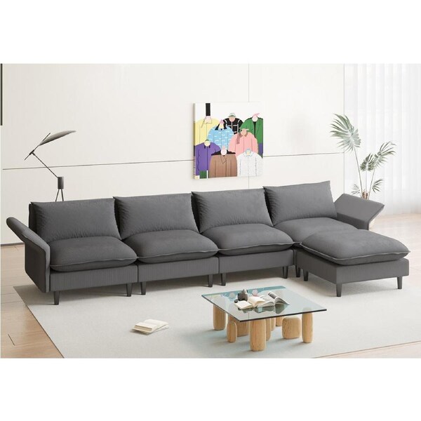 Advwin 300cm 4 Seater Sofa with Ottoman Corduroy Sectional Couch with Adjustable Backrest Armrest Comfy Lounge Chaise Grey