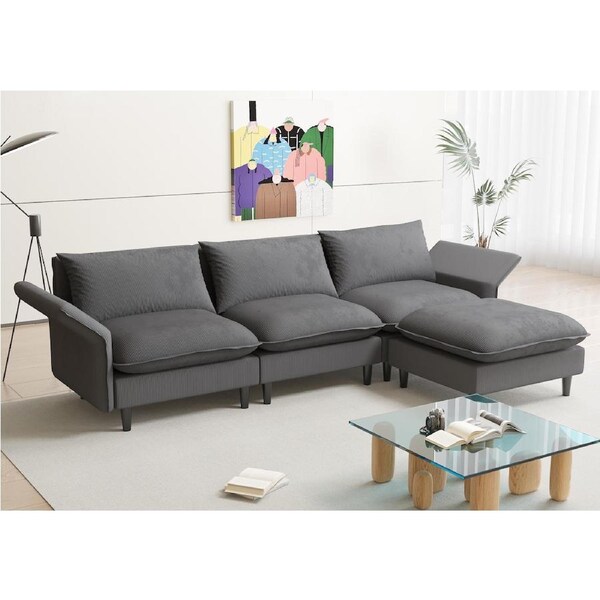 Advwin 230cm 3 Seater Sofa with Ottoman Corduroy Sectional Couch with Adjustable Backrest Armrest Comfy Lounge Chaise Grey