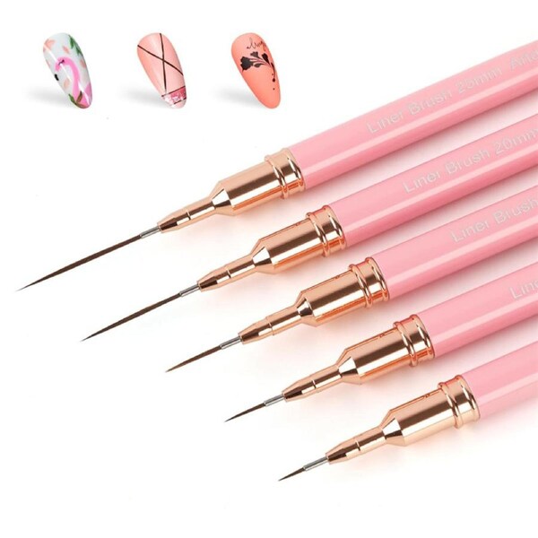 Catzon 5Pcs Metallic Nail Art Pens Set 4/8/12/20/25mm Liner Brushes Nail Art Detail Painting Tool-Pink