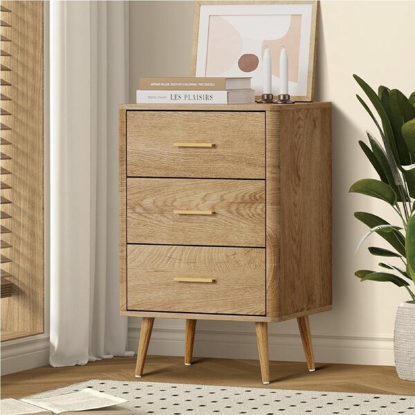 Oikiture 3 Chest of Drawers Dresser Tallboy Storage Cabinet Natural