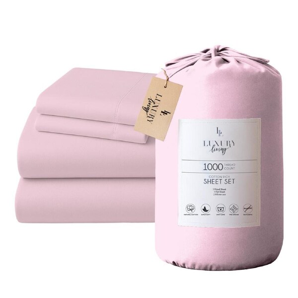 4pc 1000 Thread Count Cotton Rich King Bed Sheet Gift Pack CVC Microfibre Blend in Pink