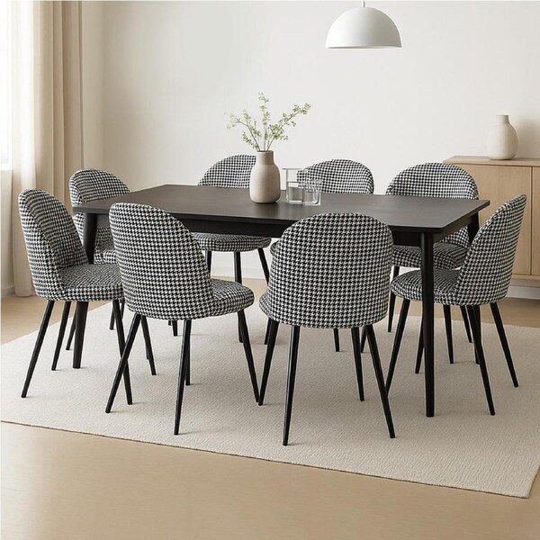 1 Set of 8 Levede Fabric Padded Dining Chairs - Black White Grid