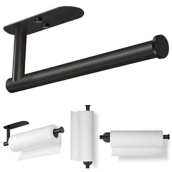 Paper Towel Holder Under Cabinet - Self-Adhesive or Drilling, Paper Towel Holder Wall Mount, Towel Rack for Kitchen Organization and Storage, Stainless Steel Kitchen Paper Roll Holder Black