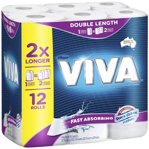 Viva Paper Towels 12 x Double Length Rolls 120 Sheets Each Maximum Absorbency