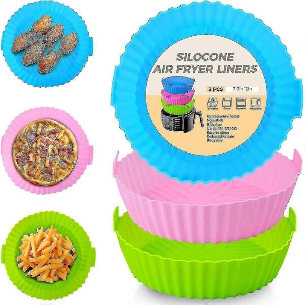 3pcs Air Fryer Silicone Liners 8inch Air Fryer Silicone Pot Reusable Food Grade Silicone Air Fryer Baking Tray Basket Accessories compatiblement Of Fl
