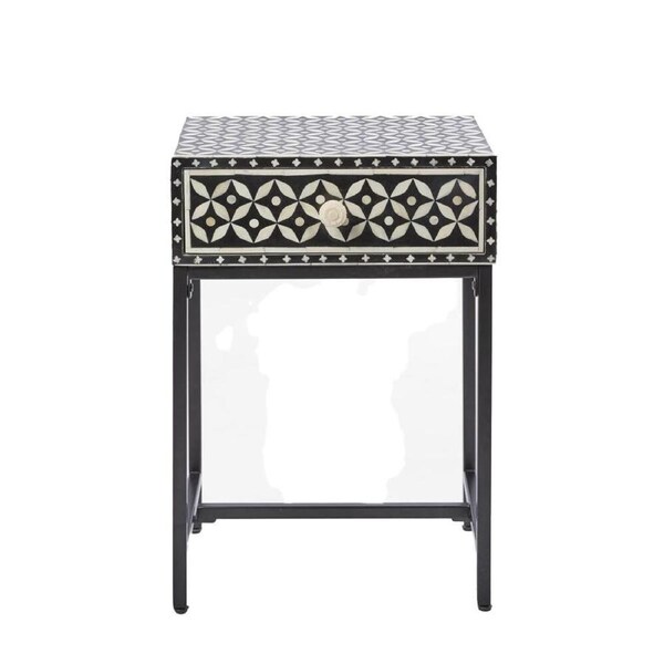 Belle Stella Bone Inlay Bedside Table w/ Drawer Indoor Furniture 45x65cm Black