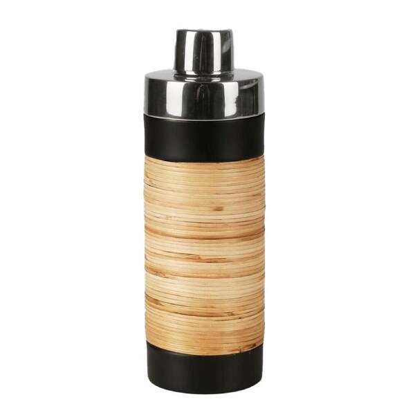 Belle Plantation Stainless Steel Cocktail Shaker Barware 7.5x23cm Black & Rattan