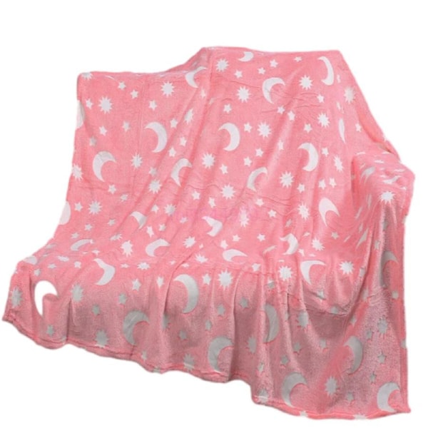 Fleece Blanket Glow in the Dark Large Sofa Throw Soft Warm Faux Fur Mink Kids AU 130*160CM~Pink Star&Moon