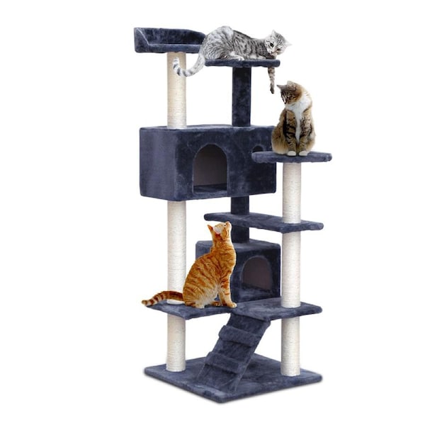 i.Pet Cat Tree Tower Scratching Post Scratcher Wood Condo Bed Toys Play Ladder 134cm Grey