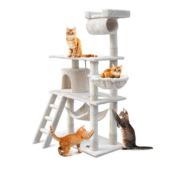 i.Pet Cat Tree Tower Scratching Post Scratcher Wood Condo Bed Toys Play Ladder 141cm Beige