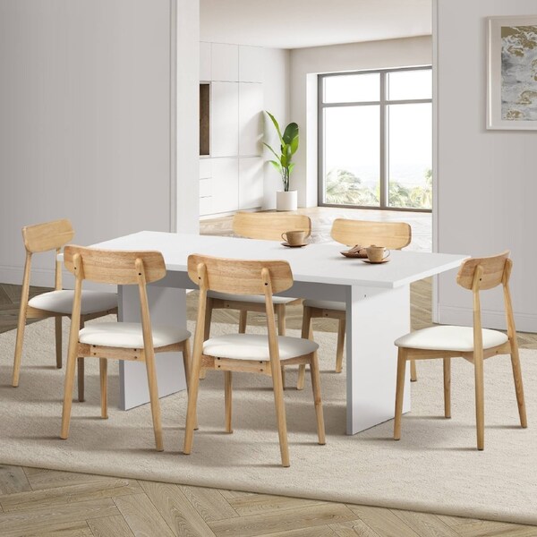 Oikiture 6-Seater Dining Table and Chairs Wooden Furniture Set Natural & White