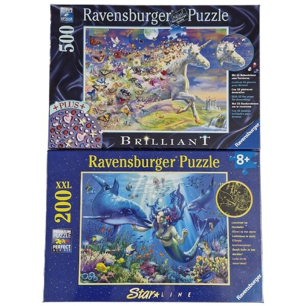 Ravensburger Puzzle 200-500pc Bumper 2 Pack - Brilliant Gems, Glow in Dark - Mermaid & Unicorn