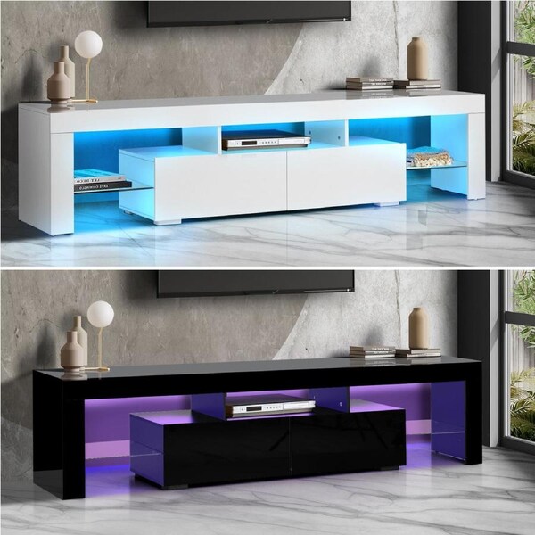 Oikiture Entertainment Unit TV Cabinet Stand LED RGB Gloss 180cm White