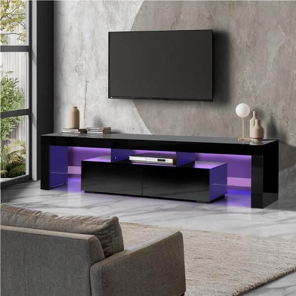 Oikiture Entertainment Unit TV Cabinet Stand LED RGB Gloss 180cm Black