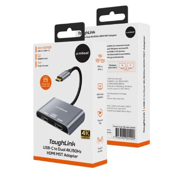 mbeat Tough Link USB-C to Dual 4K/60Hz HDMI MST Adapter 4K (3840x2160) @ 60Hz, 4K (3840x2160) @ 30Hz, 2K (2560x1440) @ 60Hz- Space Grey MB-XAD-C2HDM