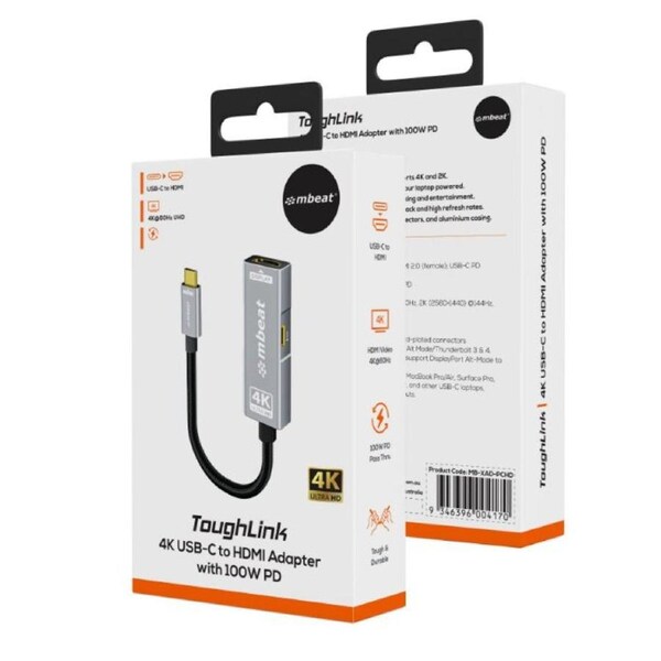 mbeat Tough Link USB-C to HDMI Adapter with 100W PD - Space Grey 5V-20V/5A, 100W PD Up to 4K (3840 x 2160) @60Hz MB-XAD-PCHD