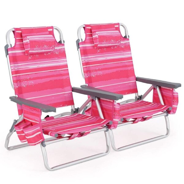 Costway 2x Folding Reclining Beach Chairs Camping Arm Chairs Outdoor Fishing Picnic w/5-Position Backrest & Head Pillow Pink