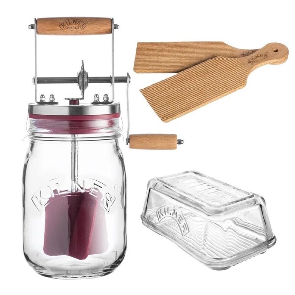 Kilner Butter Churner Glass Jar Manual + Butter Paddles + Butter Dish