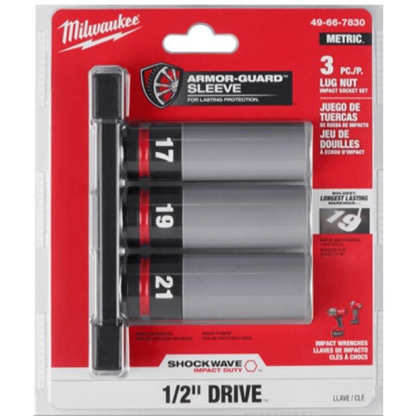 Milwaukee Lug Nut Socket Set 1/2" - 3 Piece Set - Non-Slip Hex Geometry - Dual Hole Design
