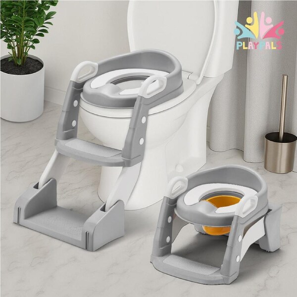 Playpals Potty Trainer Toilet Seat Chair Kids Toddler Toilet Training w/ Ladder Grey