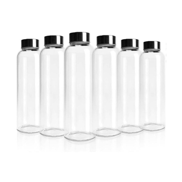 Kitchee 500ml Glass Water Bottle with Stainless Steel Lid - Set of 6 Drink Bottles