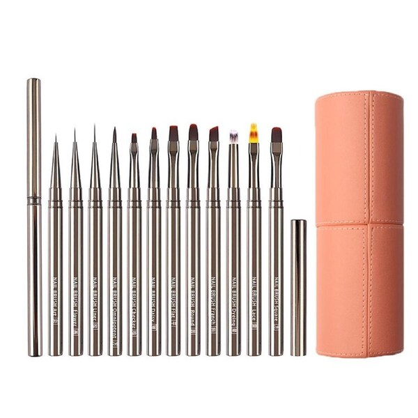 Catzon 12Pcs Nail Art Brushes Set Metal Handle with Snap-on Leather Bucket for Salon Home Use