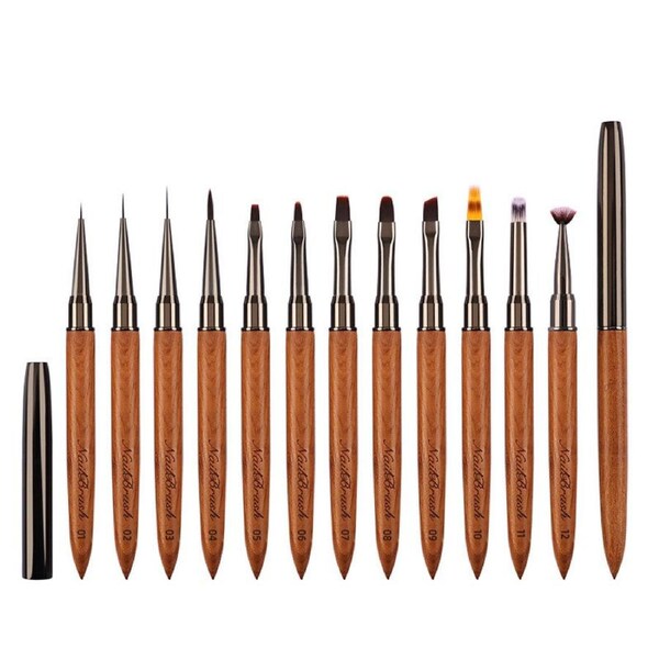 Catzon 12PCS Nail Brush Set with Snap-on Leather Bucket for Drawing Painting Sculpting