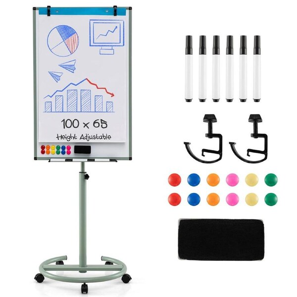Costway 100x65cm Mobile Dry Erase Whiteboard w/Height Adjustable Stand & Markers Classroom Office White Board Multi