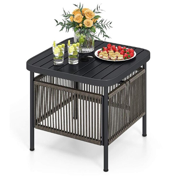Costway Outdoor PE Rattan Side Table w/4cm Umbrella Hole Patio Square Sofa Coffee End Table for Porch