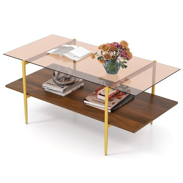 Costway 2-Tier Tempered Glass Coffee Table Rectangle Center Table Modern Accent Table Living Room