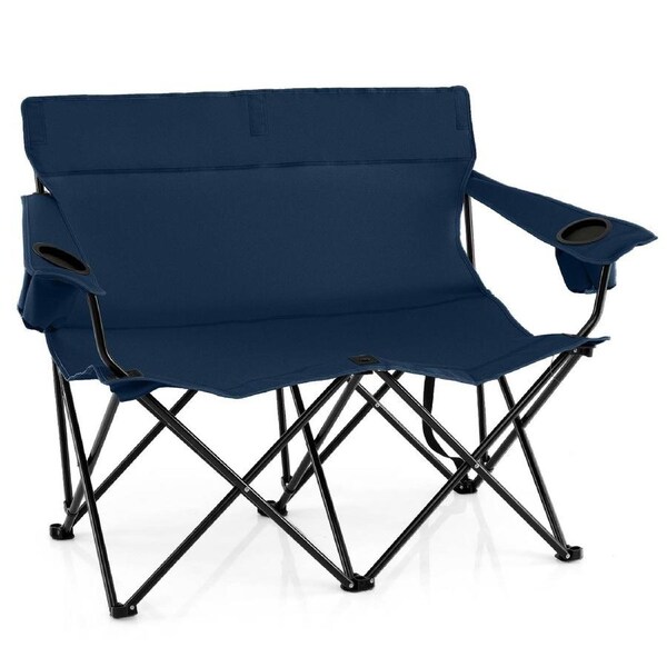 Costway Double Camping Chair 2-Person Portable Outdoor Folding Love Seat w/Cup Holders & Armrests Blue