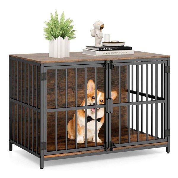 Costway Heavy-duty Dog Cage Crate 100 cm Dog Kennel w/Dual Lockable Double Doors Pet Furniture Brown