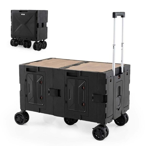 Costway Large Portable Foldable Utility Trolley Cart w/2 Storage Crates & 5 Rotate Wheels Outdoor/Indoor Black