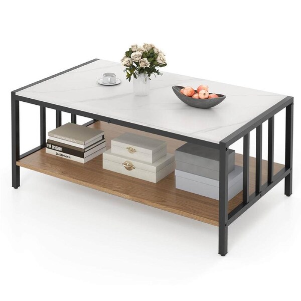 Costway 2-Tier Coffee Table Rectangular Center Table Faux Marble Accent Cocktail Table w/Storage Shelf