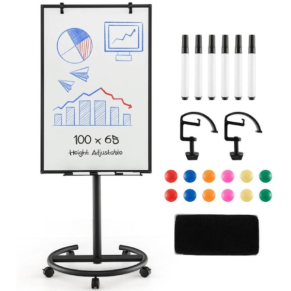 Costway 100x65cm Mobile Dry Erase Whiteboard w/Height Adjustable Stand & Markers Classroom Office White Board Black