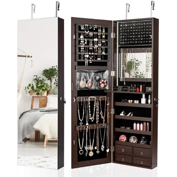 Costway LED Full-length Mirror Jewelry Cabinet Storage Cabinet Wall/Door Mounted Brown