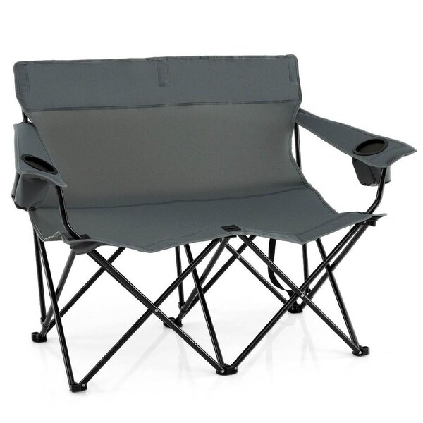 Costway Double Camping Chair 2-Person Portable Outdoor Folding Love Seat w/Cup Holders & Armrests Grey