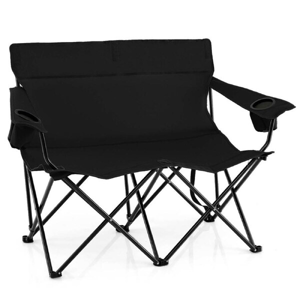 Costway Double Camping Chair 2-Person Portable Outdoor Folding Love Seat w/Cup Holders & Armrests Black