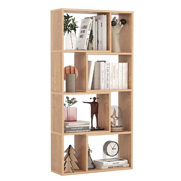Costway 120cm 4-Tier Geometric Bookcase 8-Cube Bookshelf Floor Display Shelf Storage Organizer Natural
