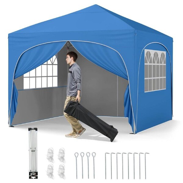 Costway 3x3 m Pop up Canopy Tent w/4 Removable Sidewall Portable Foldable Sun Shelter Gazebo Blue