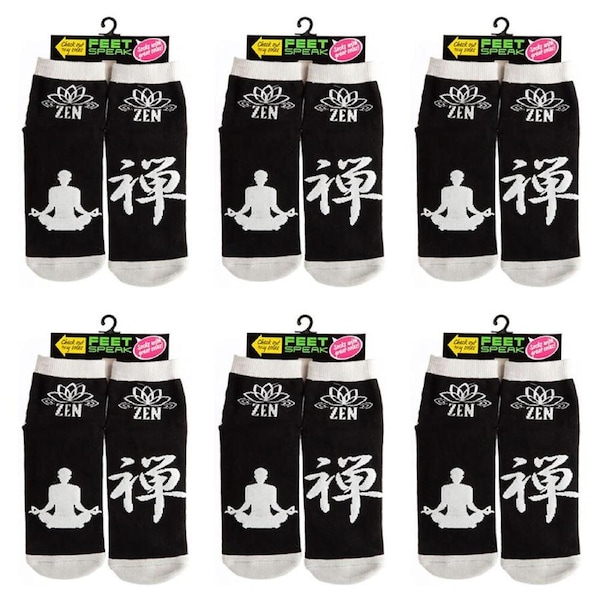 6PK Feet Speak Zen Ladies/Women's Casual Ankle/Crew Socks Printed Black One-Size