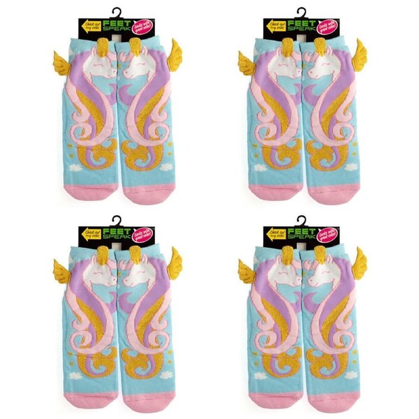 4PK Feet Speak Unicorn Princess Women's Casual Crew Socks Cute-Printed One-Size