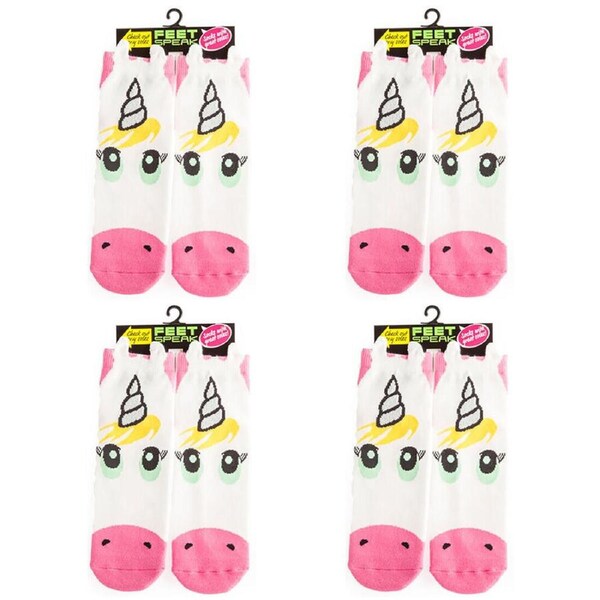 4PK Feet Speak Unicorn Women's Casual Crew Socks Cute-Printed White One-Size