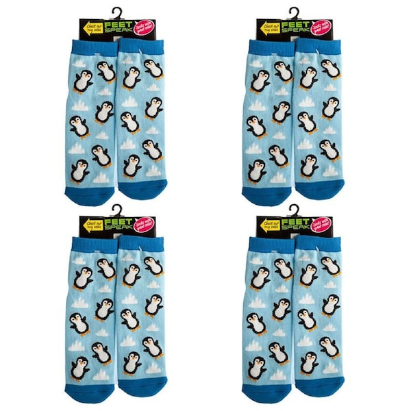 4PK Feet Speak Penguin Womens Casual Ankle/Crew Socks Cute-Printed Blue One-Size