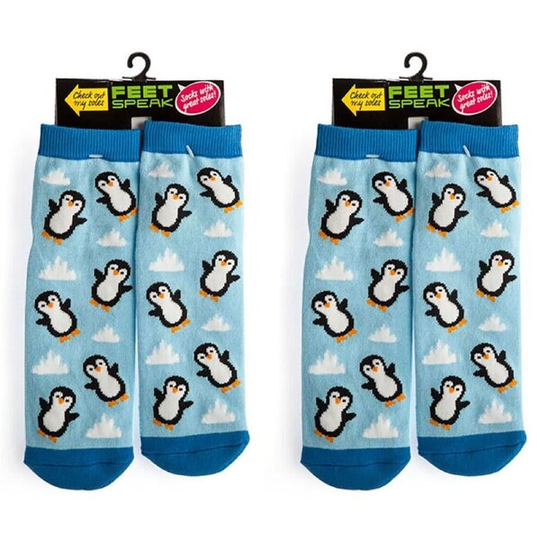 2PK Feet Speak Penguin Womens Casual Ankle/Crew Socks Cute-Printed Blue One-Size