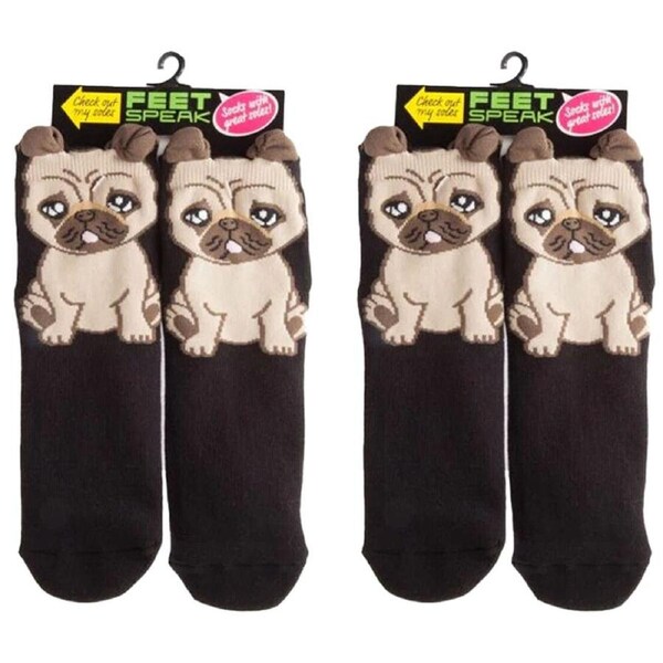 2PK Feet Speak Pug Women's Casual Ankle/Crew Socks Cute-Printed Black One-Size